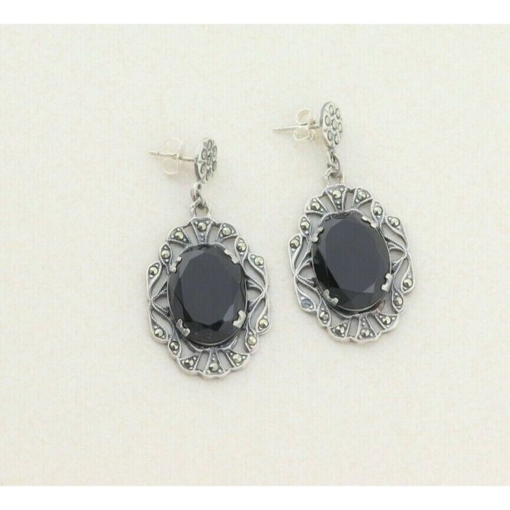 Vintage Sterling Silver Imitation Onyx and Marcasite Earrings Drop Earrings